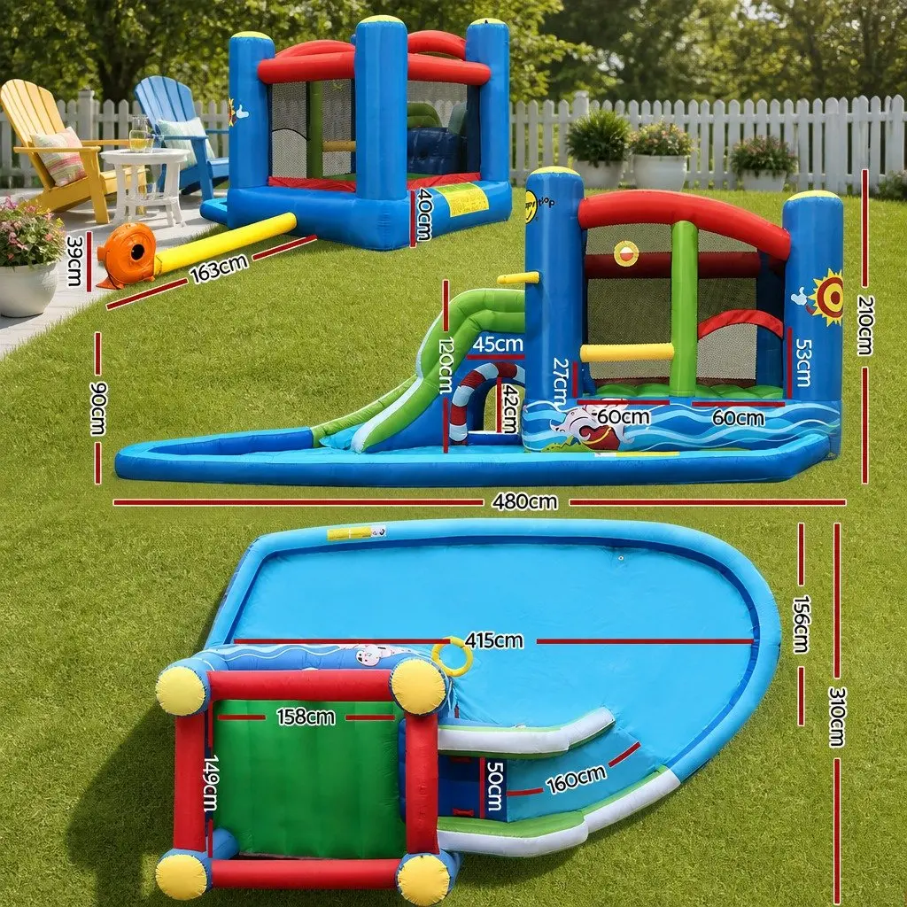 Inflatable Water Slide Bouncer Castle 480cm Outdoor Pool Water Park with Climbing Wall Water Cannon and Splash Pool
