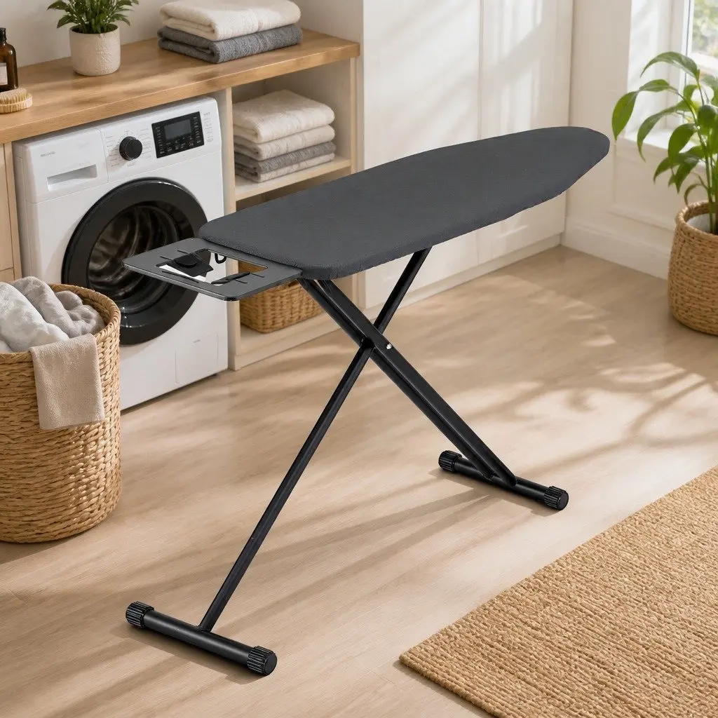 Foldable Ironing Board Heavy Duty Steel Frame Adjustable Height 6 Levels 3 Layer Cover Black
