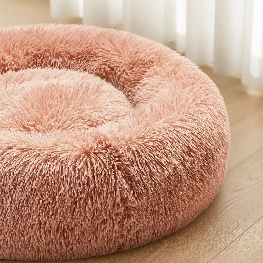 Large Donut Pet Bed Round Cushion Calming Nest Non-Slip Pink