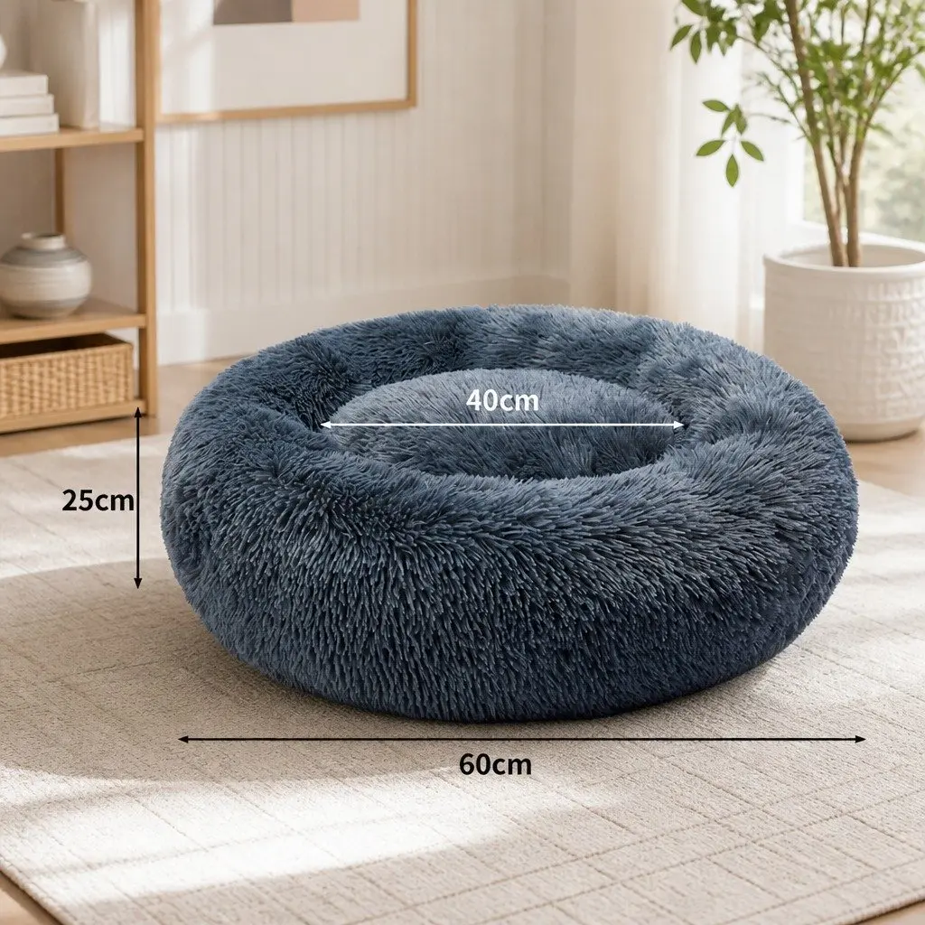 Donut-Shaped Pet Bed Medium Dark Grey Plush Comfort with Raised Rim