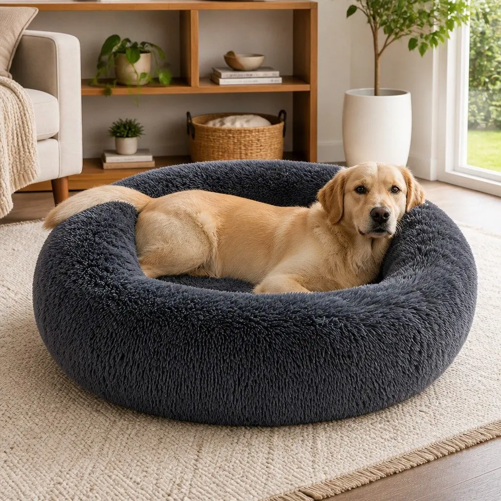 Donut-Shaped Pet Bed Medium Dark Grey Plush Comfort with Raised Rim