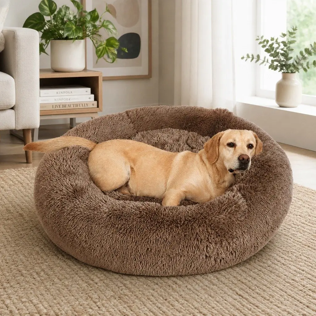 Pet Bed Small Donut-Shaped Brown Calming Sleeping Mat