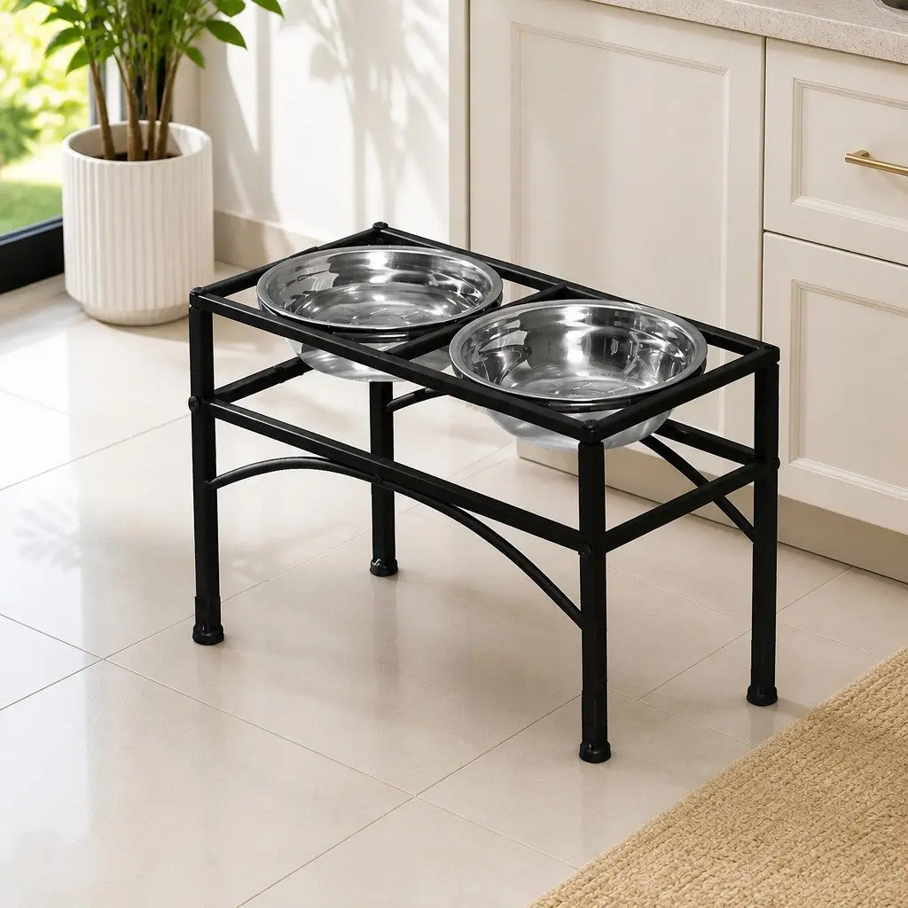 Dual Elevated Raised Pet Dog Feeder Medium 2-in-1 Dish Stainless Steel Bowls Non-Slip Black Iron Base