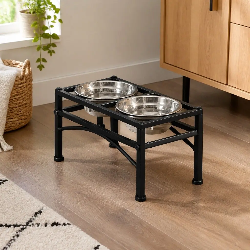 Small Dual Elevated Raised Pet Dog Feeder with Stainless Steel Bowls and Non-Slip Base