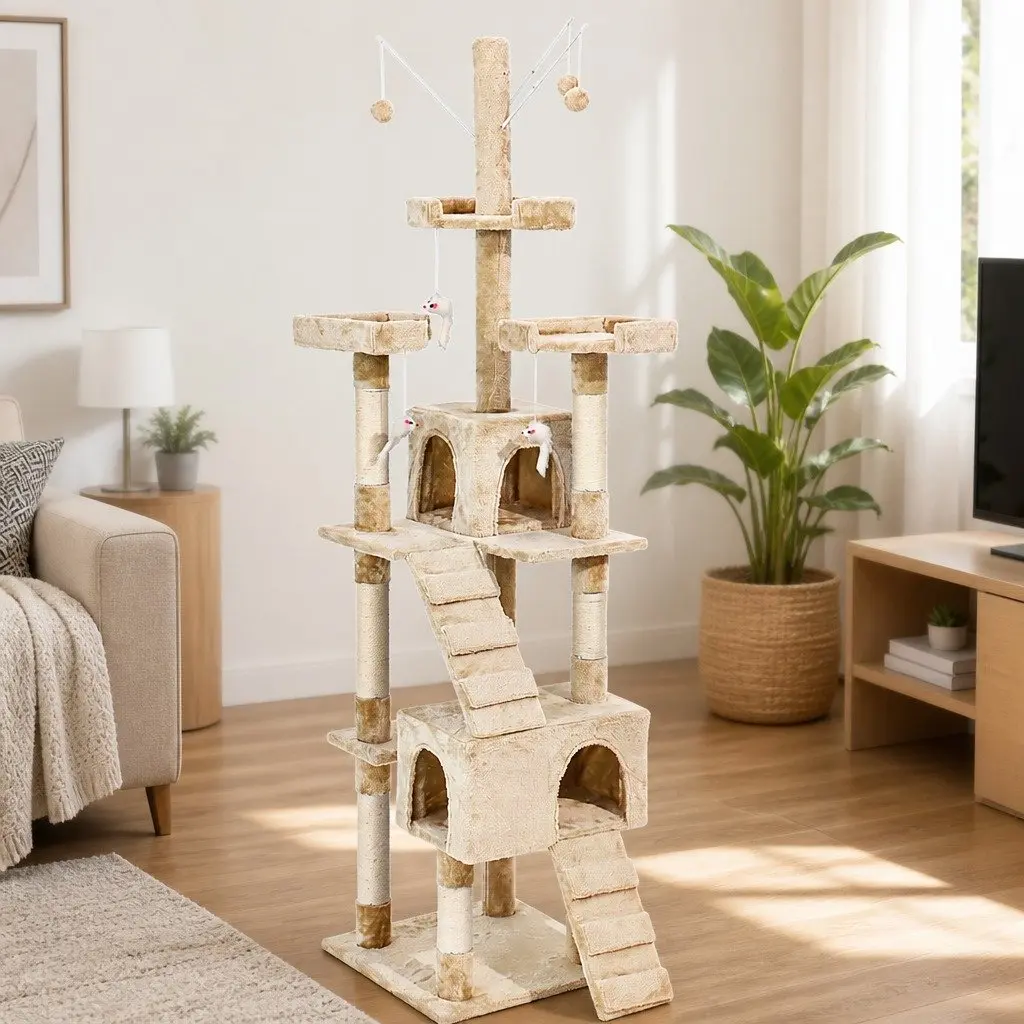 Cat Tree Beige Multi-Level Climbing Frame Plush Scratching Post