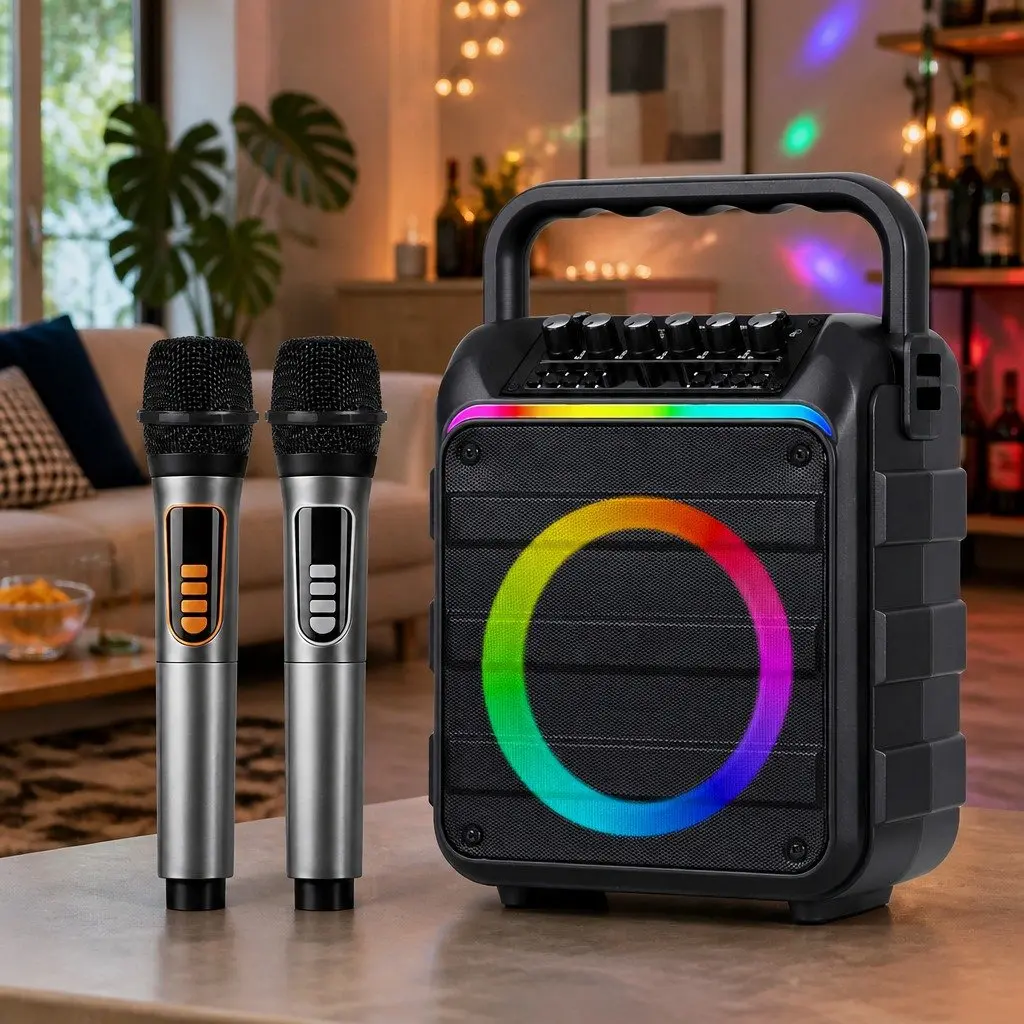 Portable Karaoke Machine with 2 Wireless Microphones Bluetooth 5.3 Connectivity Multi-Function Audio Controls