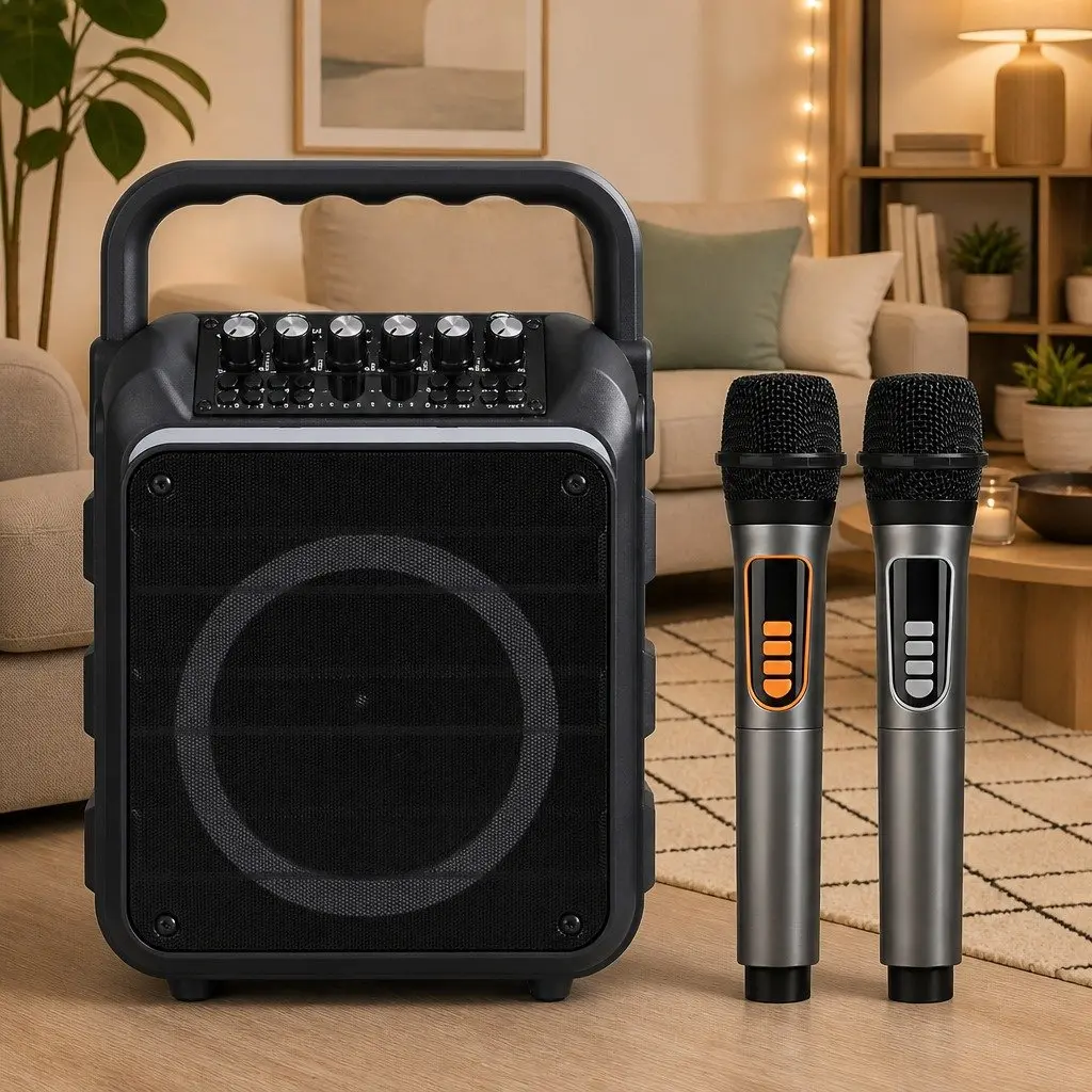 Portable Karaoke Machine with 2 Wireless Microphones Bluetooth 5.3 Connectivity Multi-Function Audio Controls