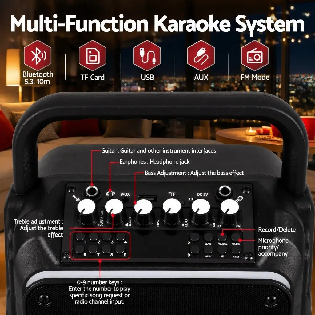Portable Karaoke Machine with 2 Wireless Microphones Bluetooth 5.3 Connectivity Multi-Function Audio Controls