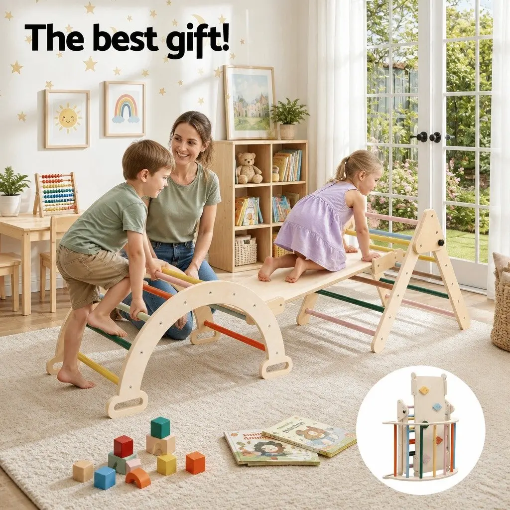 Kids Triangle Climbing Toys Set with Slide Indoor Outdoor Active Play Configuration