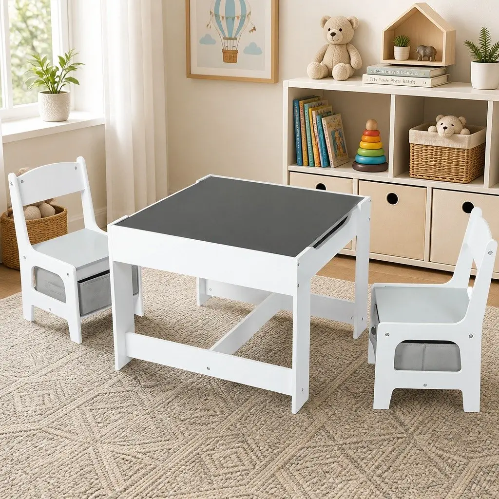 Kids Table and Chairs Set with Storage Reversible Blackboard Activity Desk