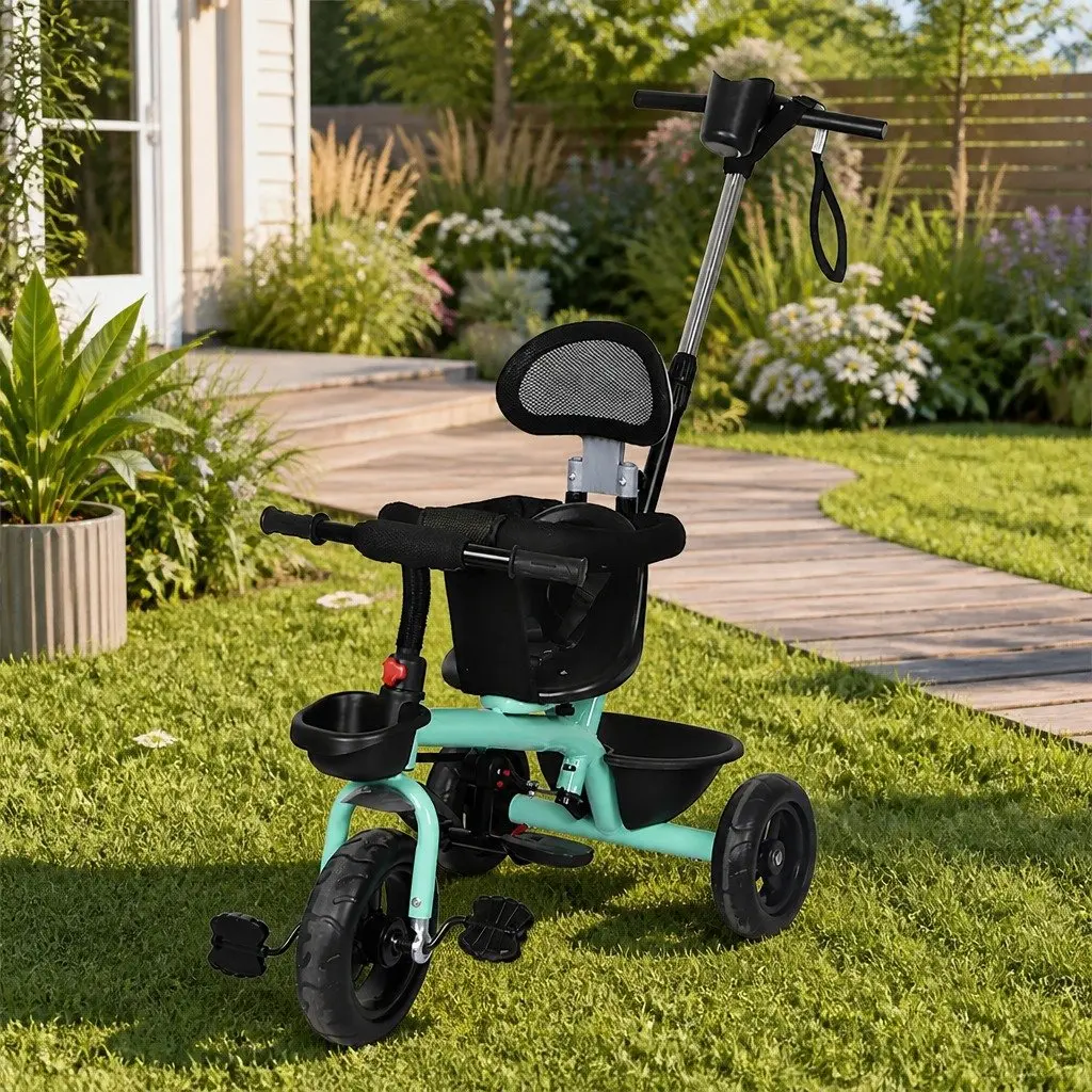 Kids Tricycle 2 Stage Adjustable Seat Parent Push Handle Storage Basket