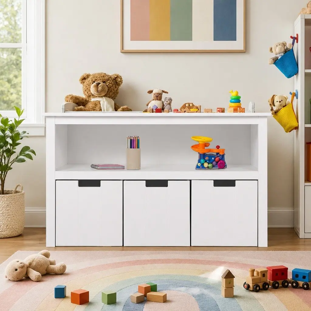 Kids Toy Storage Unit 95.5cm White Removable Drawers and Open Shelves