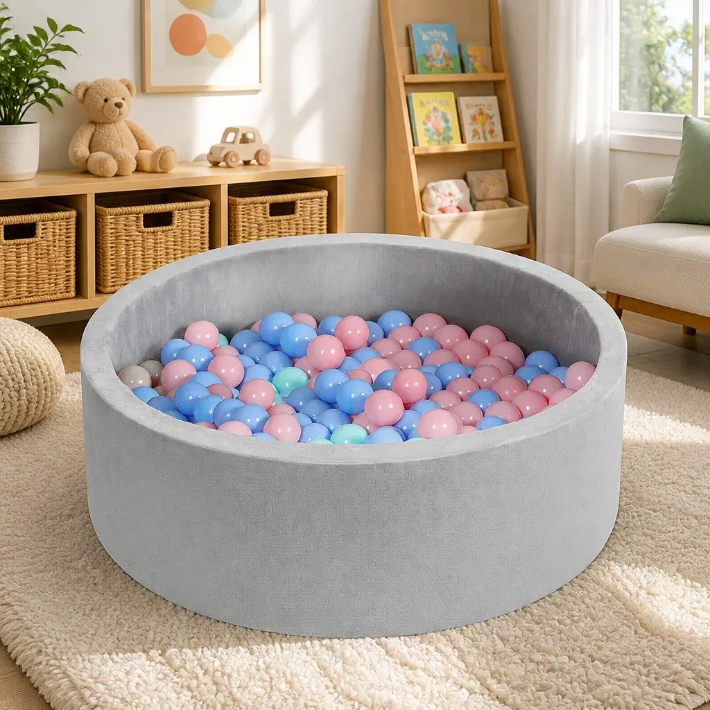 Kids Ball Pit Portable Foldable Grey Soft Construction with 360° Anti-Rollover Protection
