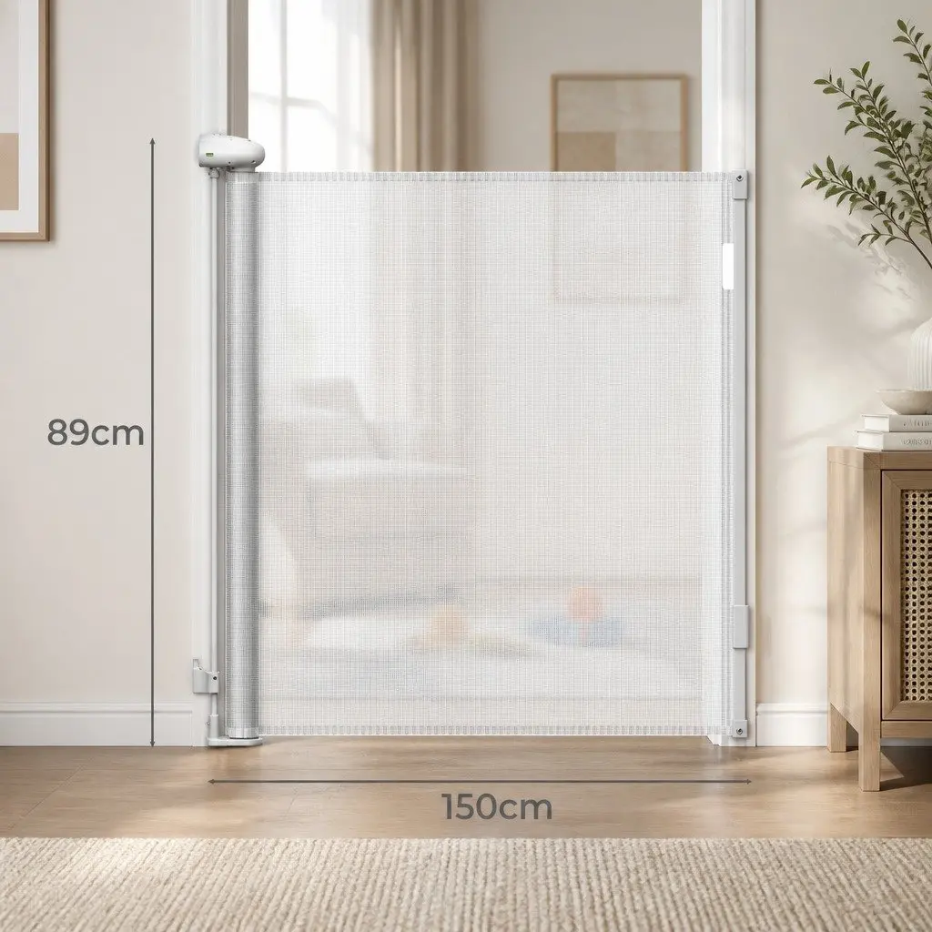 Retractable Safety Gate 150cm Wide Mesh Barrier for Stairs Doorways Indoor