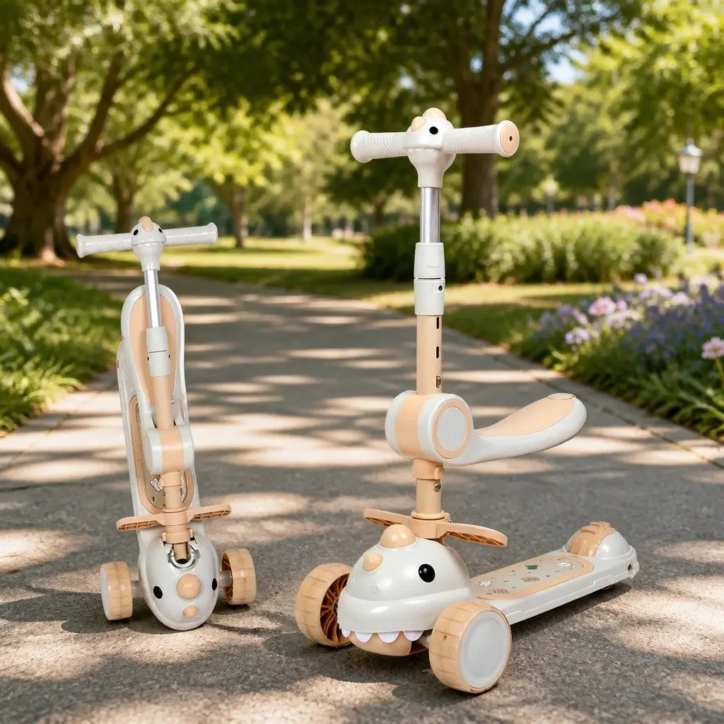 Kids Foldable Scooter Adjustable Handlebar Flip-able Seat 3 Wheels Beige