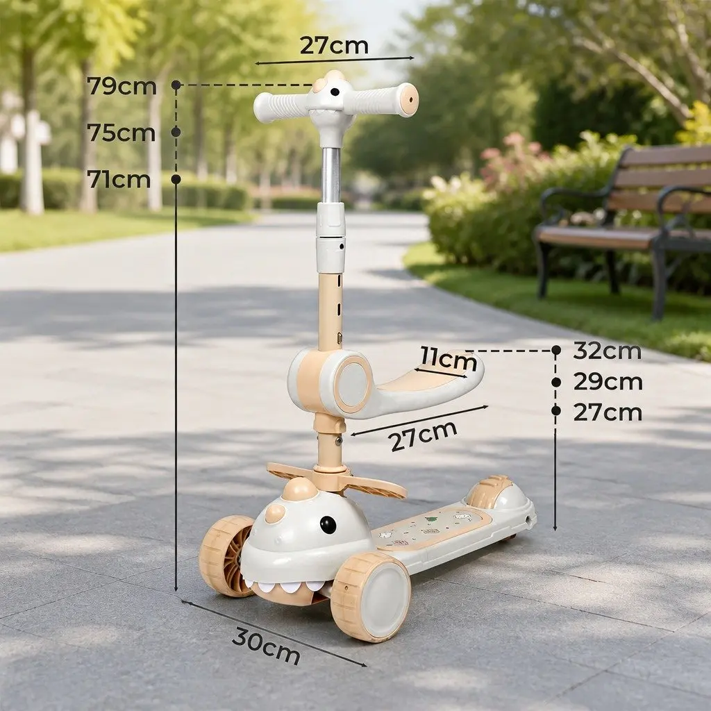 Kids Foldable Scooter Adjustable Handlebar Flip-able Seat 3 Wheels Beige