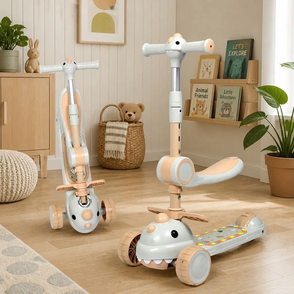 Kids Foldable Scooter Adjustable Handlebar Flip-able Seat 3 Wheels Beige