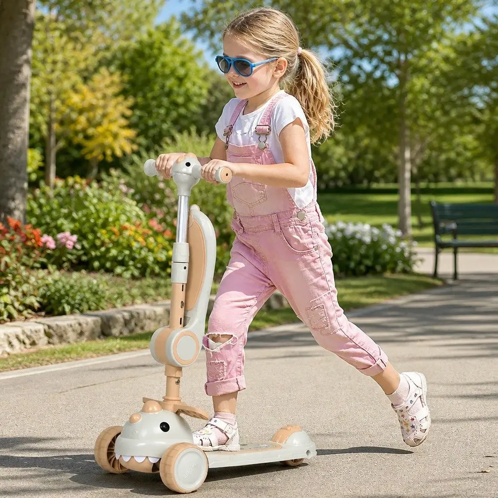 Kids Foldable Scooter Adjustable Handlebar Flip-able Seat 3 Wheels Beige