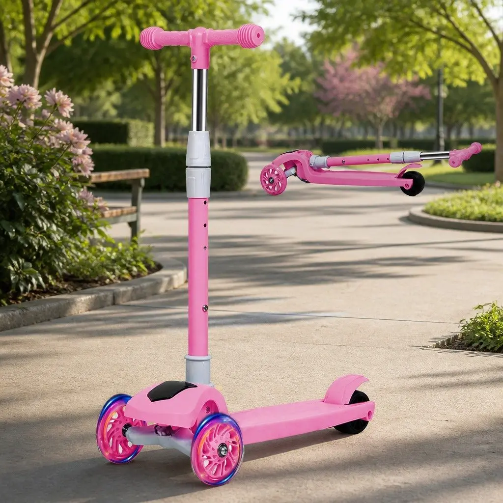 Kids 3 Wheel Scooter Foldable Adjustable Height LED Light Music Pink