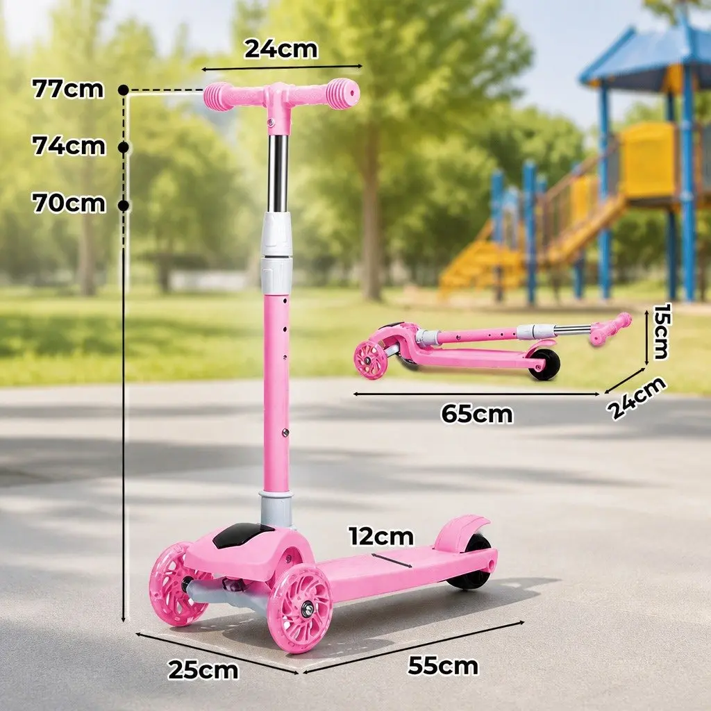 Kids 3 Wheel Scooter Foldable Adjustable Height LED Light Music Pink