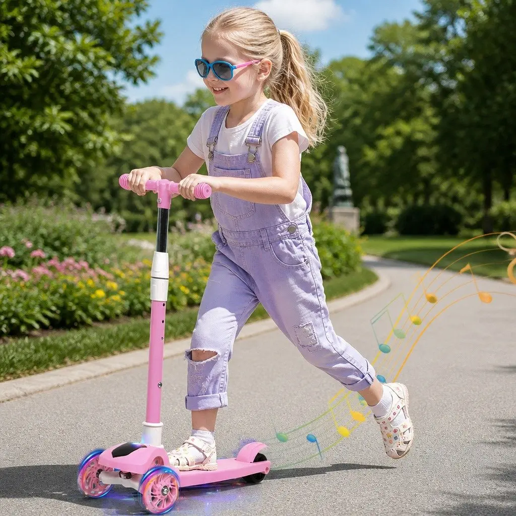 Kids 3 Wheel Scooter Foldable Adjustable Height LED Light Music Pink