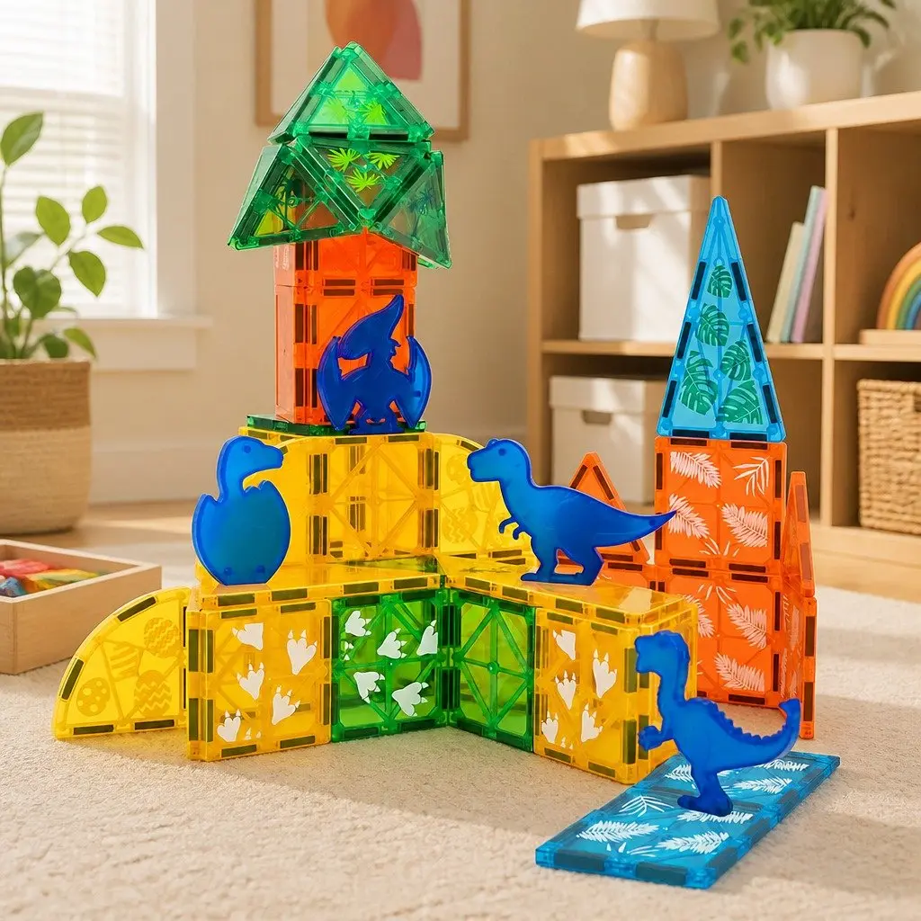 Magnetic Tiles Building Blocks Dinosaur Theme 60 Pieces STEM Learning