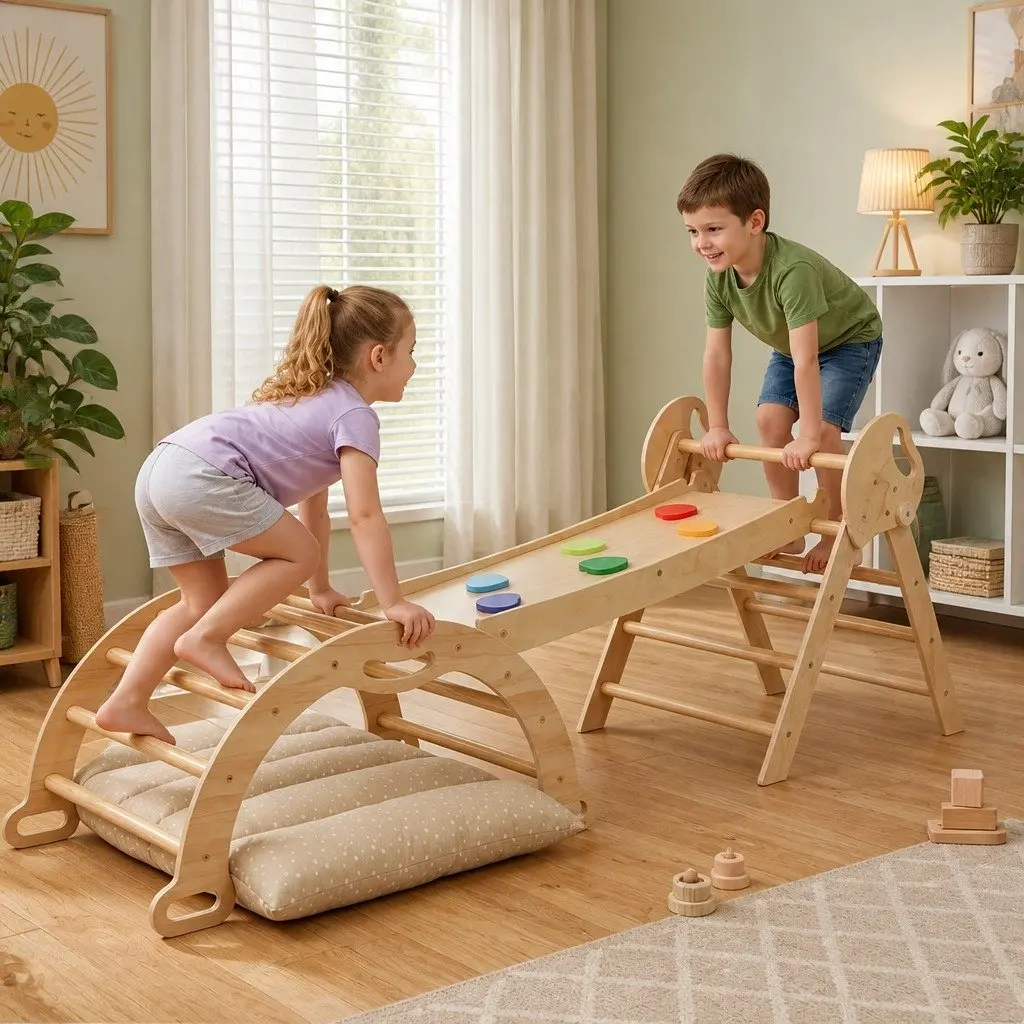 Kids Climbing Toy Set 8-in-1 Indoor Wooden Play Frame with Triangle Arch Climber Reversible Slide Board and Cushion Mat