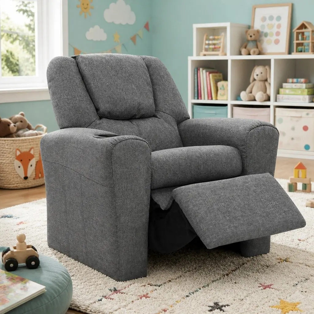 Kids Recliner Chair Grey Linen Armchair Lounge Sofa Couch with Cup Holder
