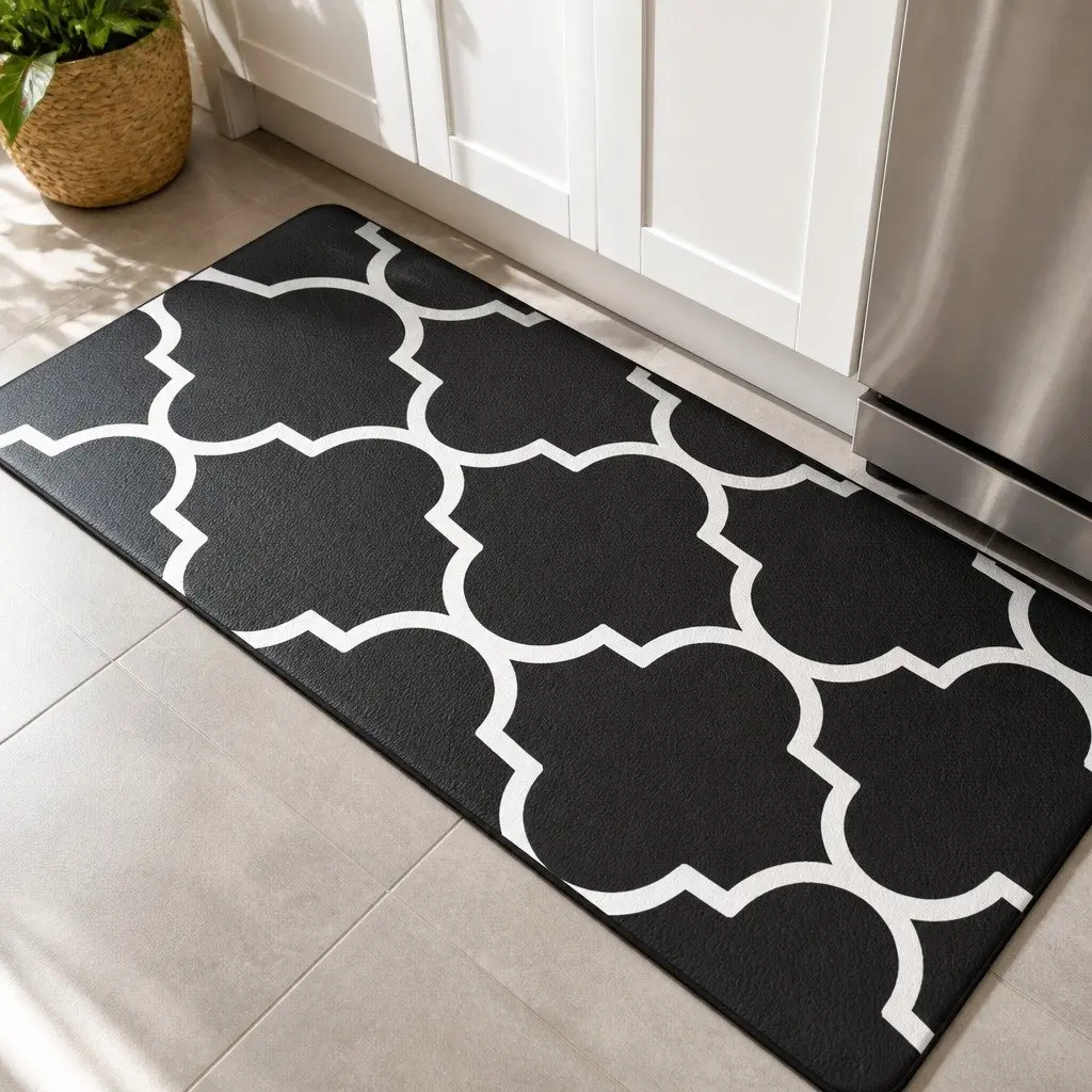 Kitchen Floor Mat 45x75cm Non-slip PVC Rug with 5mm Cushioning Support for Home Cooking Areas Black