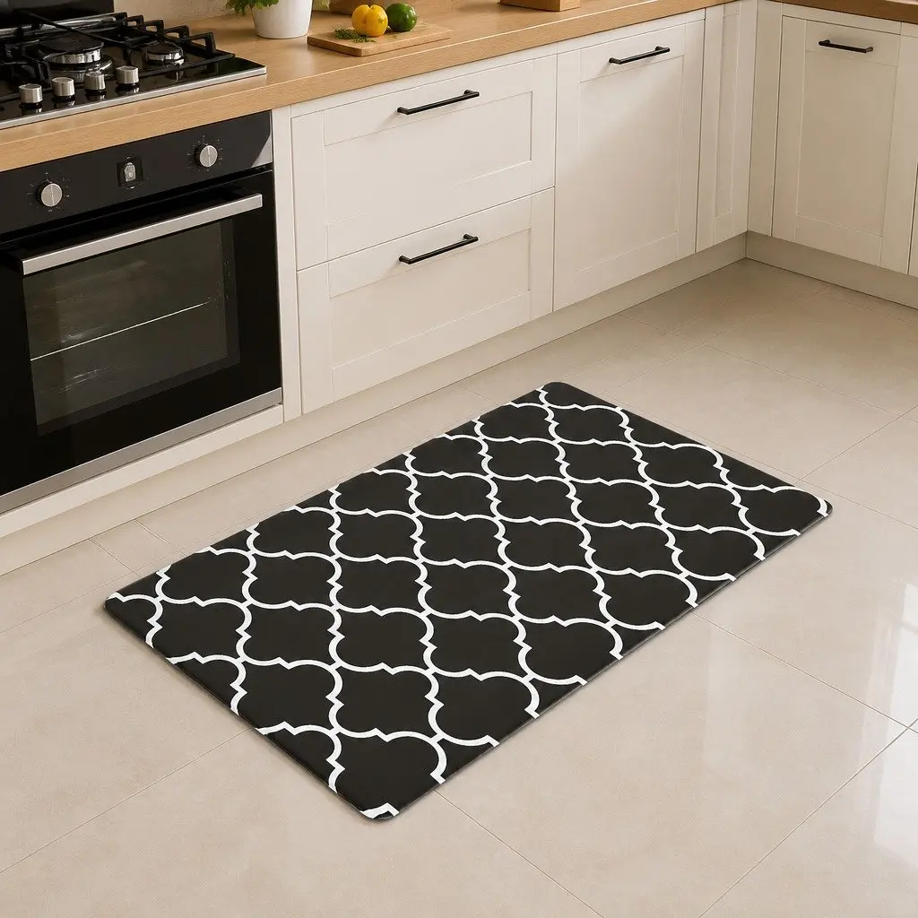 Kitchen Floor Mat 45x75cm Non-slip PVC Rug with 5mm Cushioning Support for Home Cooking Areas Black