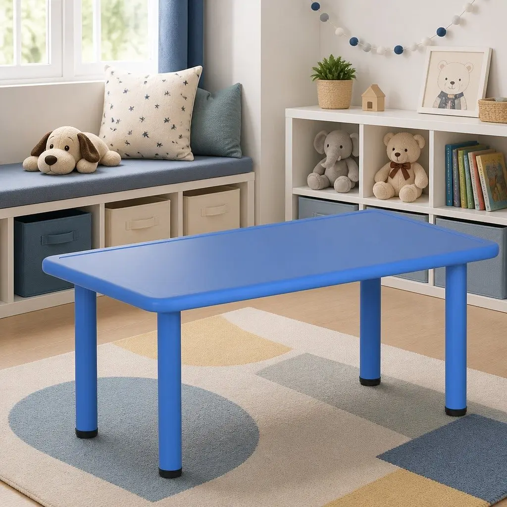 Kids Activity Table 120x60cm Plastic Square Adjustable Feet Indoor Outdoor Play Blue