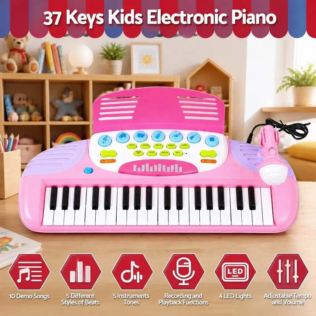 Kids Piano Keyboard 37 Keys Musical Instrument Set with Stool and Microphone