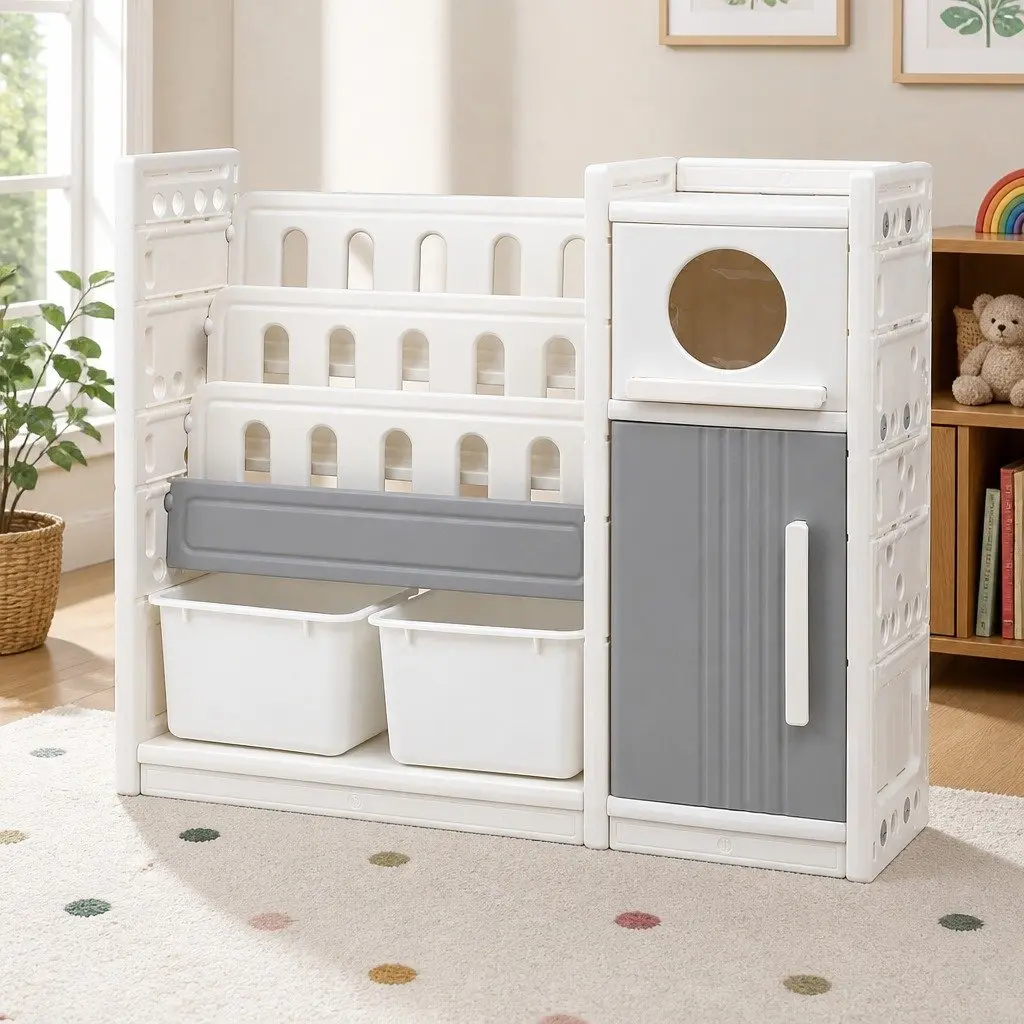 Kids Bookshelf Toy Storage Organizer 3-Tier Shelves Removable Bins Side Cabinets