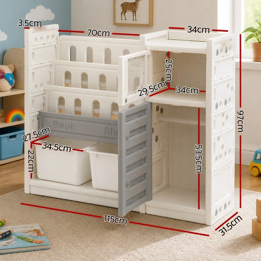 Kids Bookshelf Toy Storage Organizer 3-Tier Shelves Removable Bins Side Cabinets