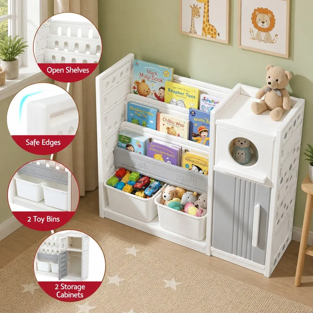 Kids Bookshelf Toy Storage Organizer 3-Tier Shelves Removable Bins Side Cabinets