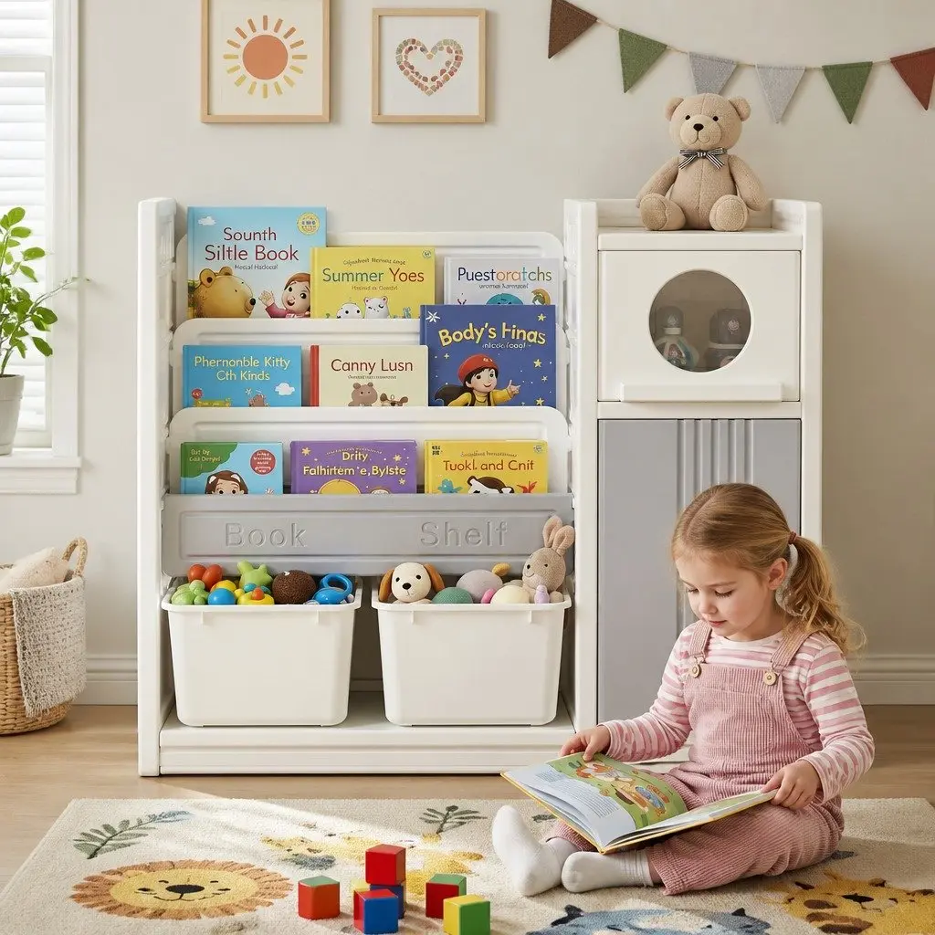Kids Bookshelf Toy Storage Organizer 3-Tier Shelves Removable Bins Side Cabinets