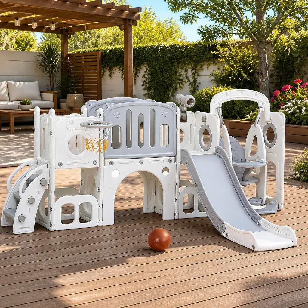 Kids 4-in-1 Swing Slide Set with Basketball Hoop Outdoor Play Equipment 132cm Slide Length