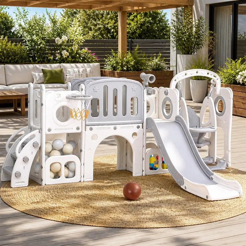 Kids 4-in-1 Swing Slide Set with Basketball Hoop Outdoor Play Equipment 132cm Slide Length