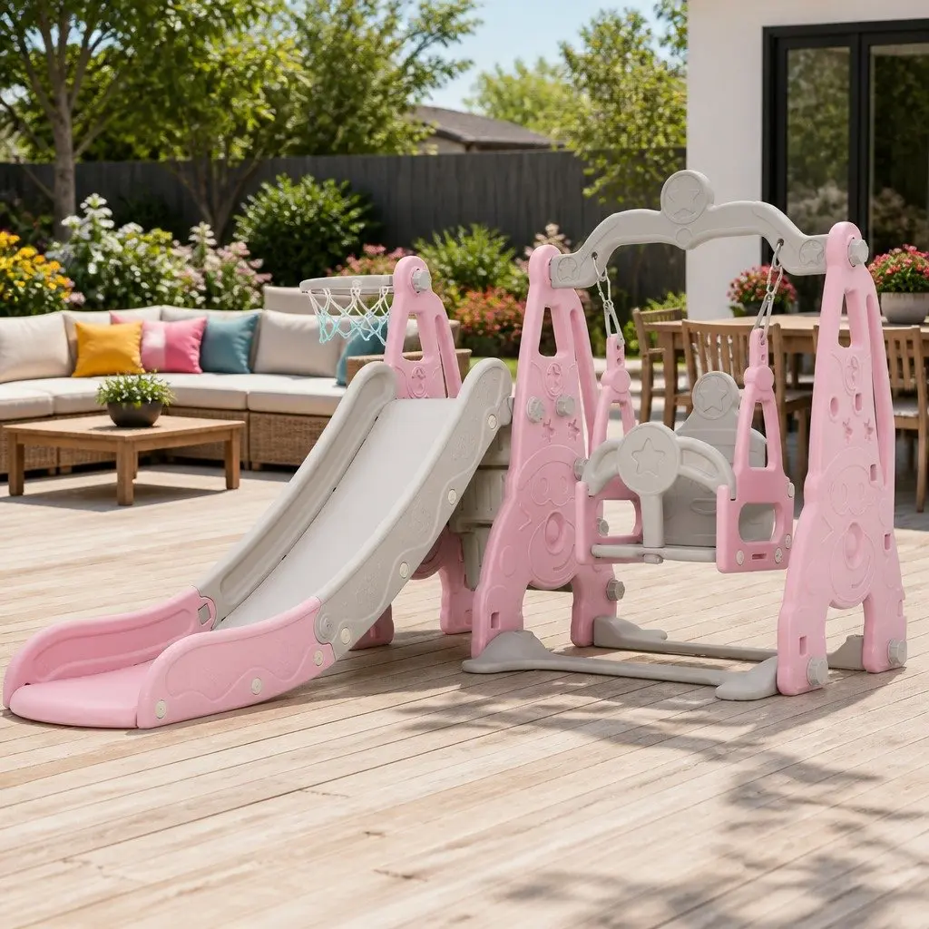 Kids Swing Slide Set 3 in 1 Outdoor Play Equipment with Basketball Hoop Safe Swing Long Slide