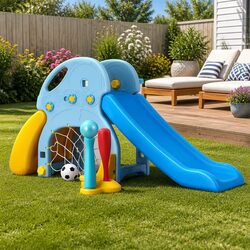 Kids Slide Set 5-in-1 Outdoor Playground Basketball Hoop Batting Game Rock