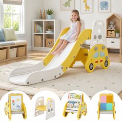 Kids Slide Set Indoor Playset 5-in-1 Toddler Activity Play Center Yellow White