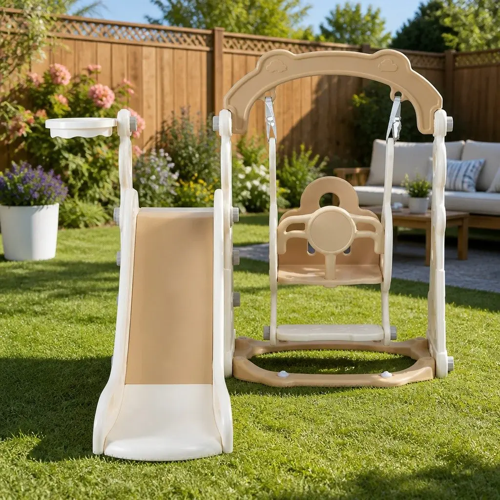 Kids Slide Swing Set 3 in 1 with Basketball Hoop Outdoor Playground