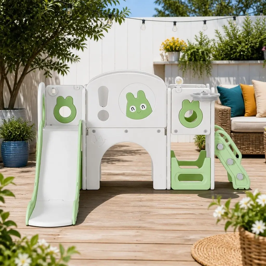 Kids Slide Swing Set 3 in 1 Outdoor Play Equipment with Telescope and Safety Ladder Green