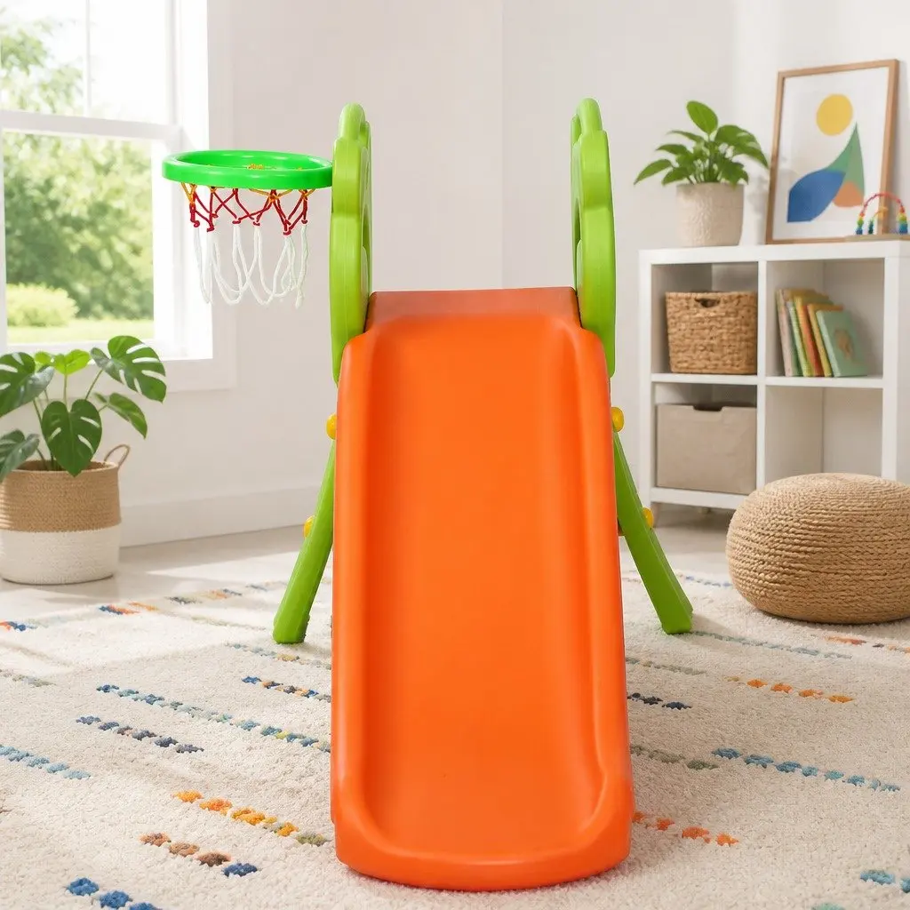 Kids Slide Basketball Hoop 100cm 2-in-1 Indoor Outdoor Play Set Orange Green