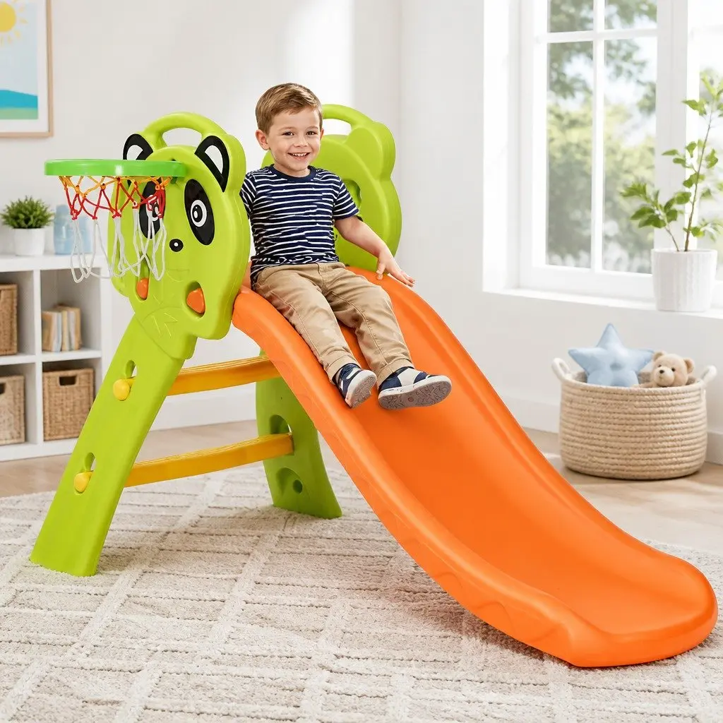 Kids Slide Basketball Hoop 100cm 2-in-1 Indoor Outdoor Play Set Orange Green