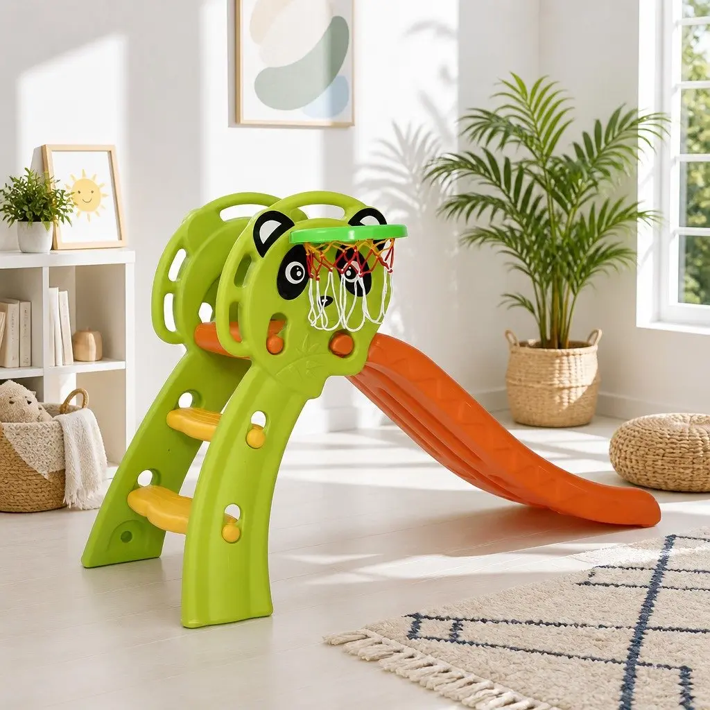 Kids Slide Basketball Hoop 100cm 2-in-1 Indoor Outdoor Play Set Orange Green