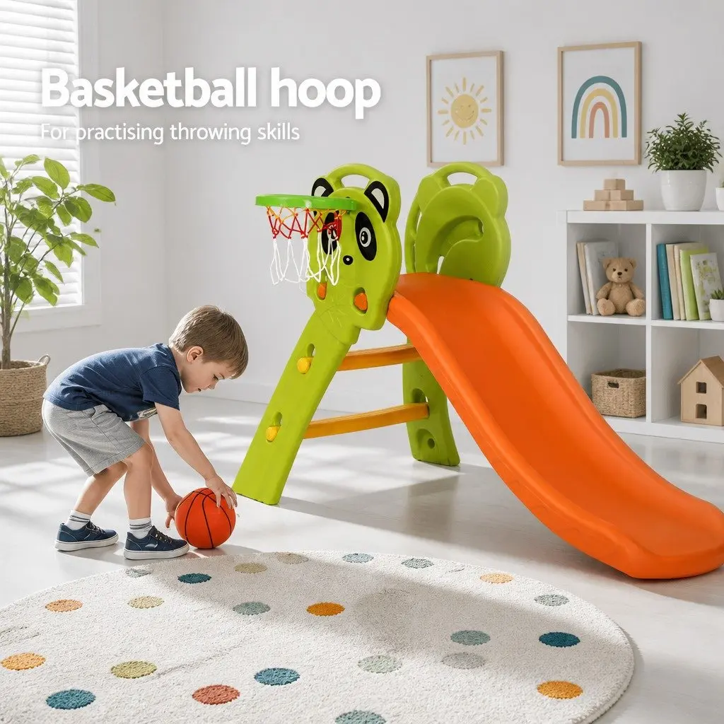Kids Slide Basketball Hoop 100cm 2-in-1 Indoor Outdoor Play Set Orange Green