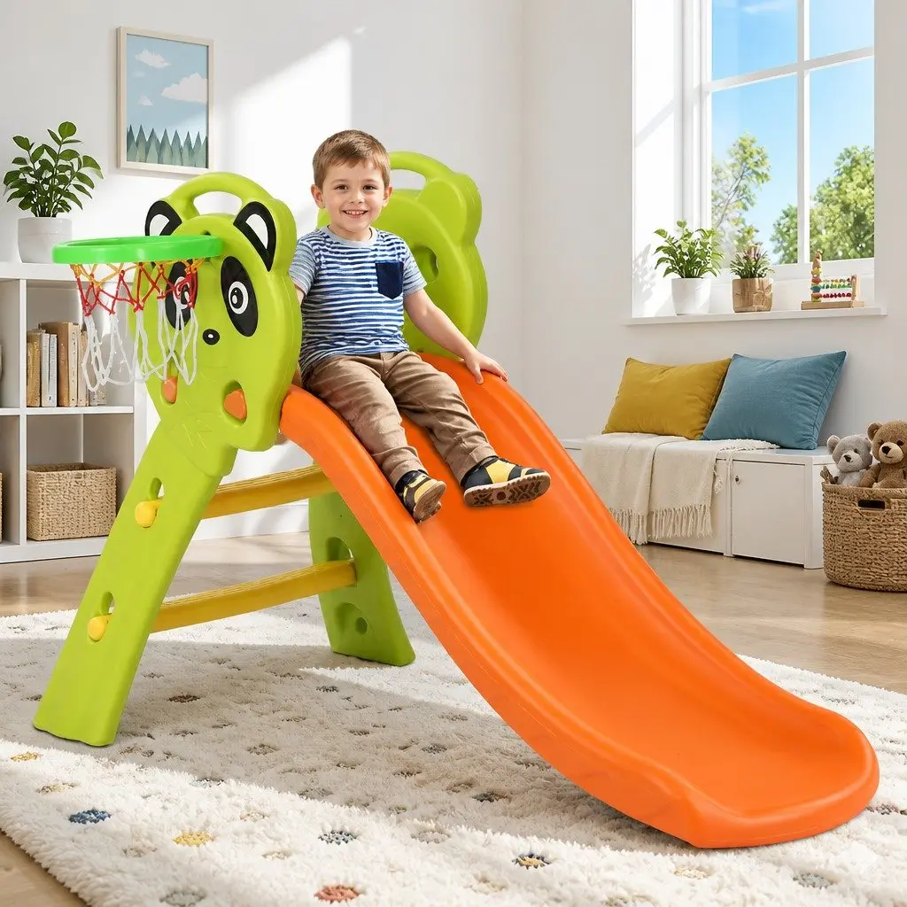Kids Slide Basketball Hoop 100cm 2-in-1 Indoor Outdoor Play Set Orange Green