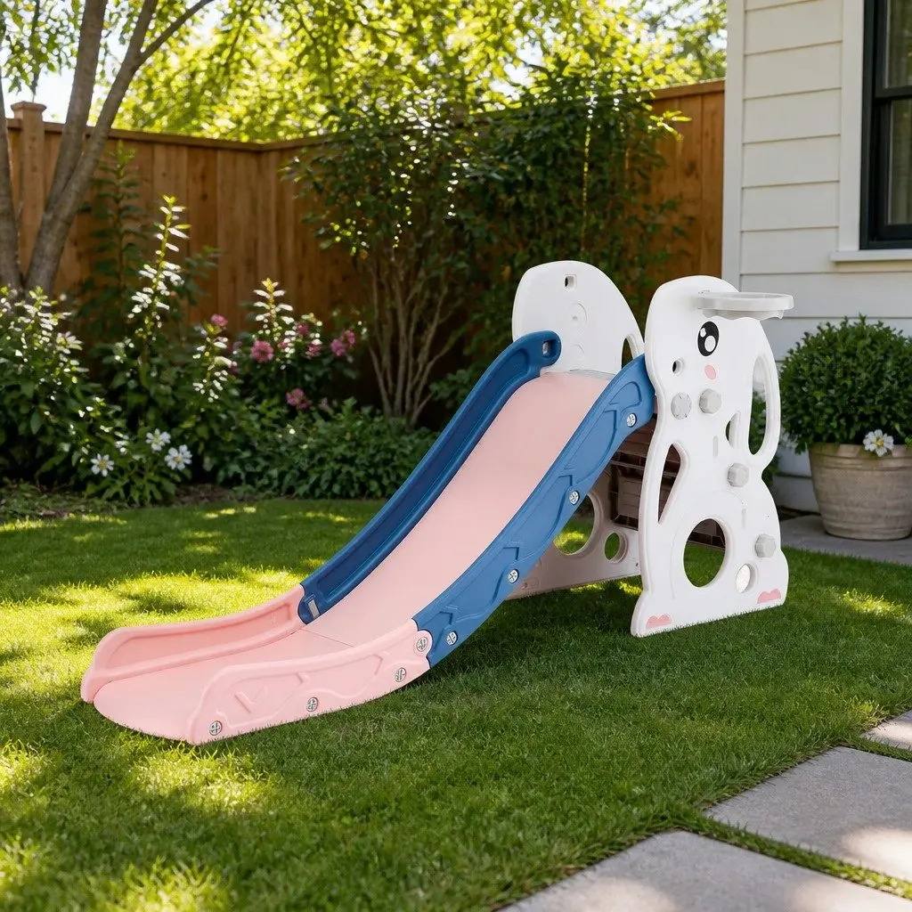 Kids Slide Set 147cm Extra Long 5-in-1 Activity Playground with Basketball Hoop Climber Hiding Spot and Storage