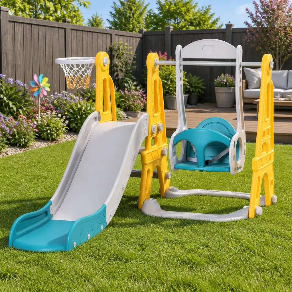 Kids Slide Swing Set 140cm Adjustable 3-in-1 Outdoor Play Equipment with Basketball Hoop
